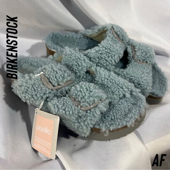 BIRKENSTOCK ARIZONA BIG BUCKLE SHEARLING SANDALS IN TEDDY FADED AQUA NWT SIZE 37 - Picture 4 of 6